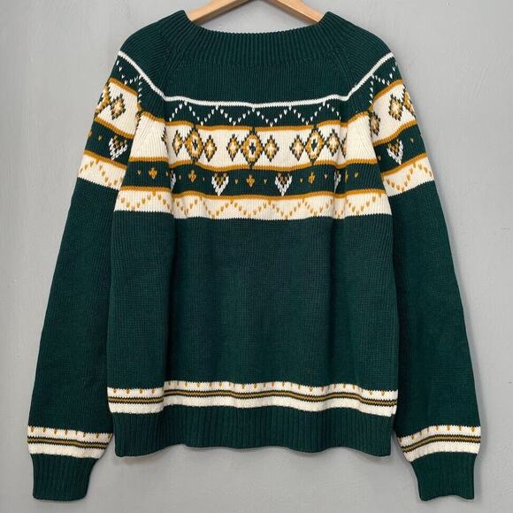 Vintage JCPenney Size XL Green Yellow Sweater Diamond Fair Isle Nordic 70s Retro - Picture 1 of 6